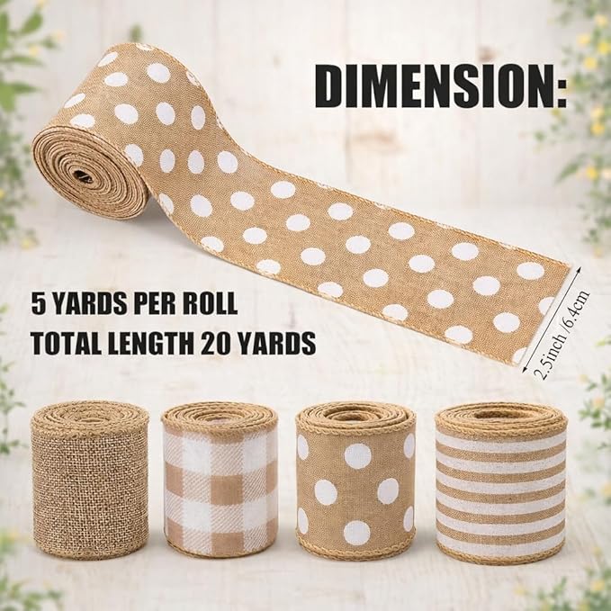 4 Rolls Farmhouse Wired Ribbon Set, 20 Yards Rustic Welcome Stripe Dot Buffalo Plaid Ribbon for Wreaths, Gift Wrapping, Floral Bows, DIY Crafts, Summer Home Decor (Gray)