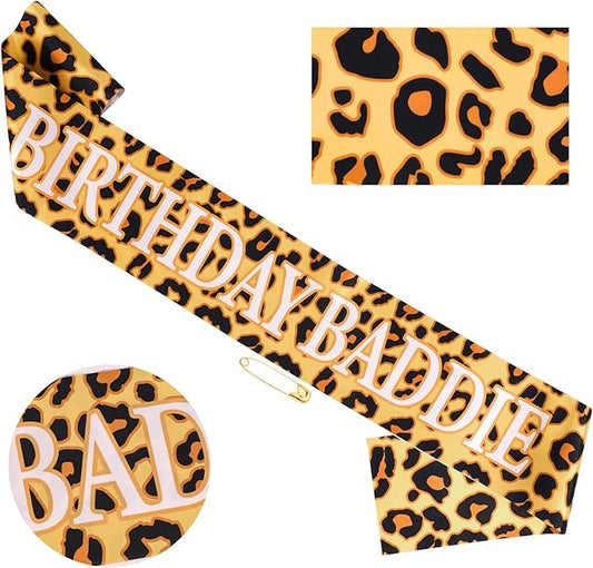 Cheetah Print Happy Birthday Decorations- BIRTHDAY BADDIE Leopard Birthday Sash, Funny Bday Decoration Accessories for Women Party Favors Supplies
