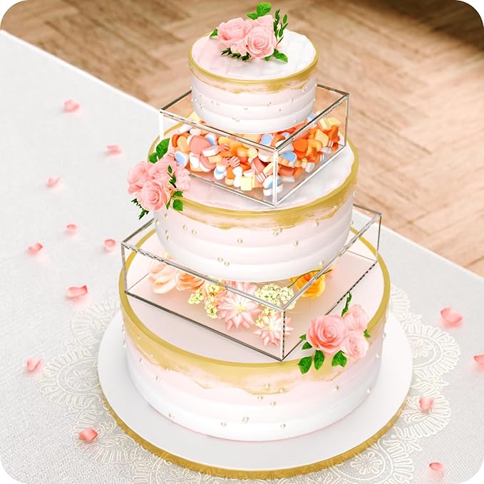 2PCS Clear Acrylic Cake Stand, Fillable Cake Box Riser Cake Tier, Square Cake Display Box with Lid, Decorative Centerpiece Box for Wedding Birthday Party (2pcs, 12" Dx4” H; 8" Dx4” H, 2M LED Lights)