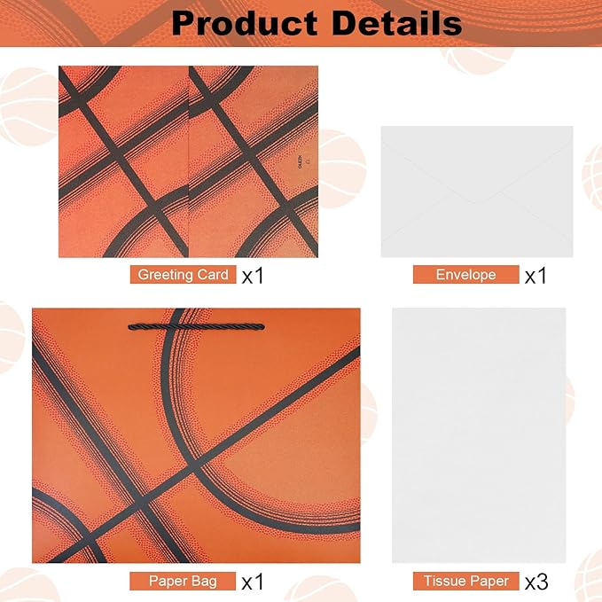 Oletx 13” Basketball Party Favor Gift Bags, Large Basketball Gift Wrapping Bag with Tissue Paper for Sports Party Birthday Goodie Gifts Treat Wrapping Bags