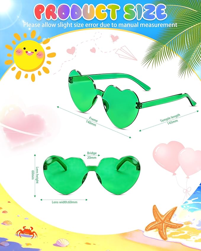 12 Pairs Heart Shaped Sunglasses Candy Color Rimless Fun Heart Glasses for Women Party Favors
