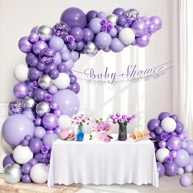 Purple Balloons Garland Arch Kit, 126pcs Lavender Party Decorations with Metallic Silver Purple Confetti Balloons for Butterfly Birthday Wedding Baby Shower Party Decorations