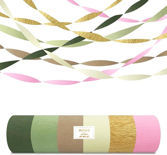 AOYOO Crepe Paper Streamers, 6 Rolls Sage Green Emerald Gold and Pink Party Streamers, Boho Party Decorations for Baby Shower, Woodland Birthday, Wedding and Safari Jungle Theme Supplies