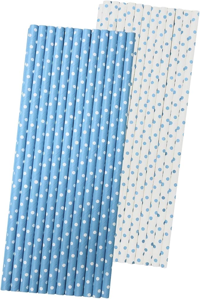 Light Blue and White Paper Straws - Polka Dot - 7.75 Inches - 50 Pack
