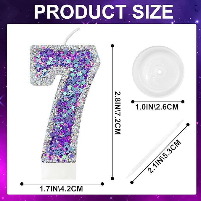 K-pop Number 7 Birthday Candle, Star Glitter Filled Number Candle, Purple Silver Fantasy Cake Topper for Birthday Party Decoration