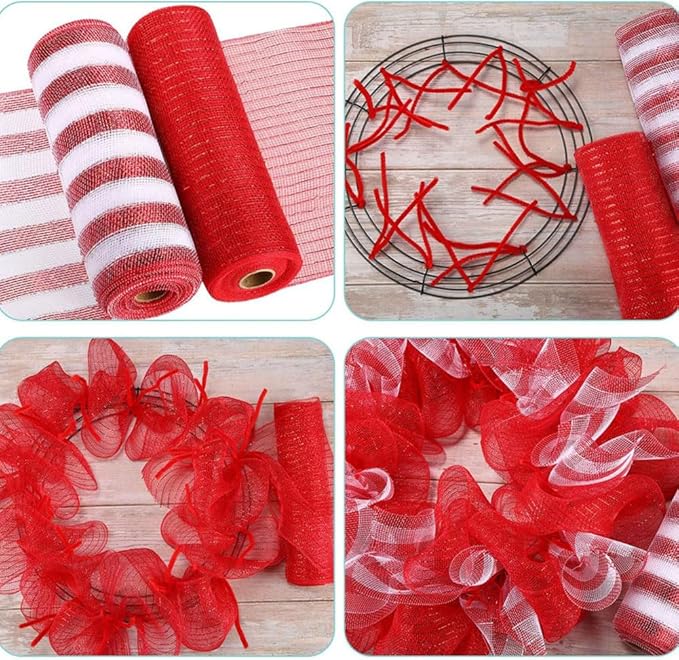 3 Rolls Red Green Deco Mesh Ribbon for Wreath Making Supplies, 10 Inch x 30FT Metallic Foil Burlap Deco Mesh Fabric for Christmas Tree New Year Winter Door Wreath Swags and Decorating