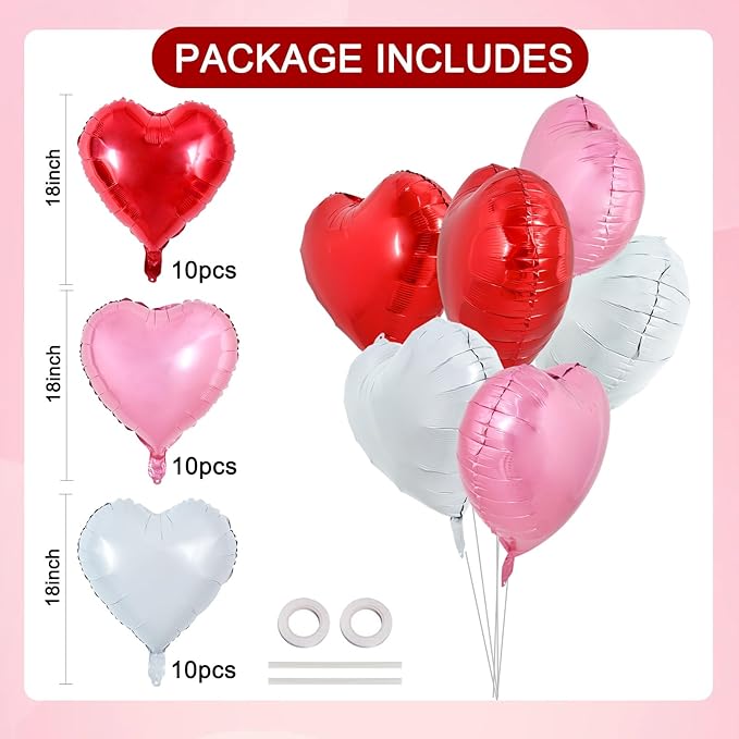 TONIFUL 30Pcs 18 Inch Heart Balloons Red White Pink Valentine’s Day Heart Shape Foil Mylar Balloons Decoration for Romantic Valentine's Day Wedding Bridal Shower Anniversary Engagement Party Supplies
