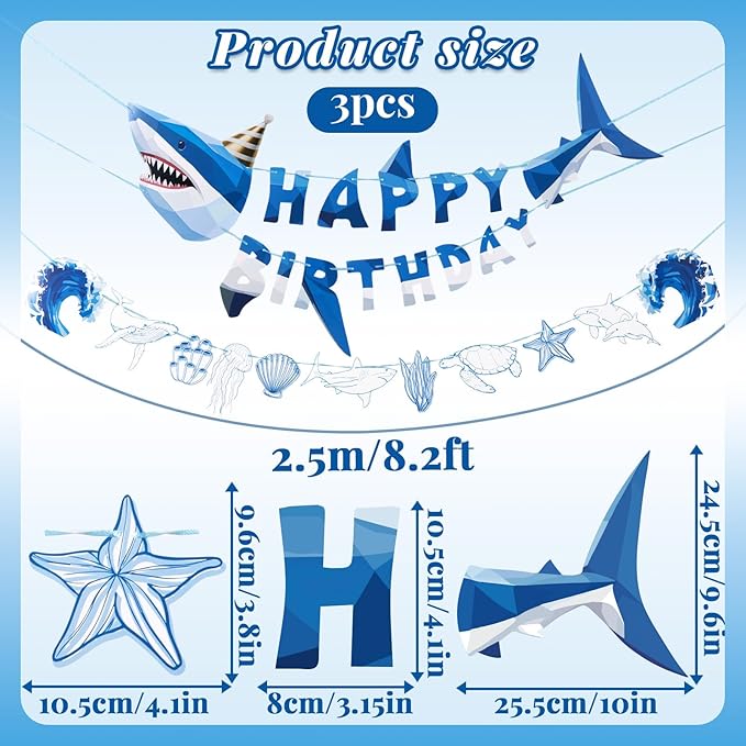 SUNBEAUTY Shark Birthday Party Decorations Shark Happy Birthday Banner Ocean Theme Hanging Shark Garland Under The Sea Pre-strung Shark Birthday Banner for Boys Baby Shower Beach Summer Pool Party（Blue）