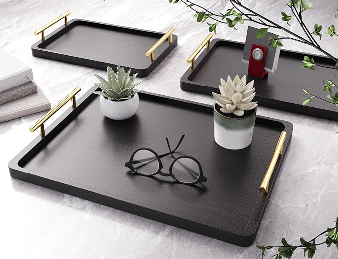 Bamboo Serving Tray with Metal Handles(Set of 3),Ottoman Decorative Trays Platter for Eating Breakfast,Working,Storing and Party(Black)