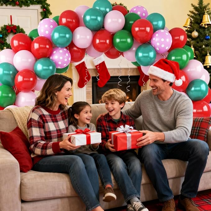 Red Pink Green Balloons with Pink Polka Dots Print Balloon, Pearl Turquoise Blue Dark Green Xmas Party Balloon for Birthday Carnival New Year Holiday Christmas Party Decorations