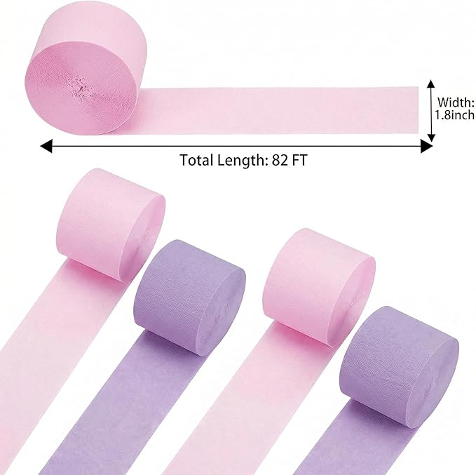 Pink and Purple Crepe Paper Streamers 4 Rolls 328ft, Pack of Party Streamers for Mother’s Day Decorations, Crepe Paper for Birthday, Wedding, Easter Party Decorations (1.8 Inch x 82 Ft/Roll)