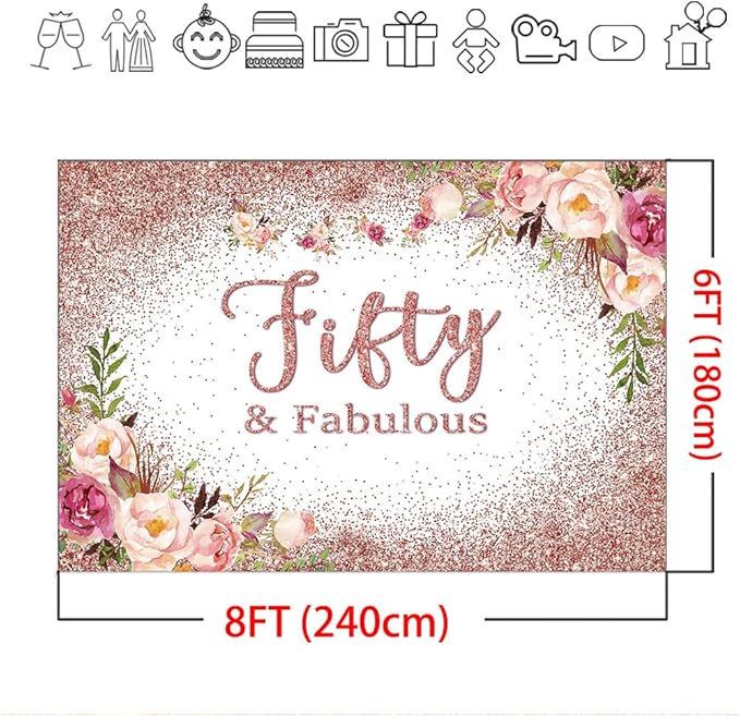 Mocsicka Fifty and Fabulous Backdrop Rose Gold Floral 50th Birthday Party Photo Backdrops Happy Forty 50th Birthday Party Decorations Photography Background (8x6ft, 50th)