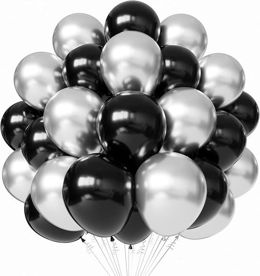 Black and Silver Latex Balloons, 50pcs 12 Inches Silver and Black Balloons with 1 Ribbon for Graduation, Wedding, Birthday Party Decorations