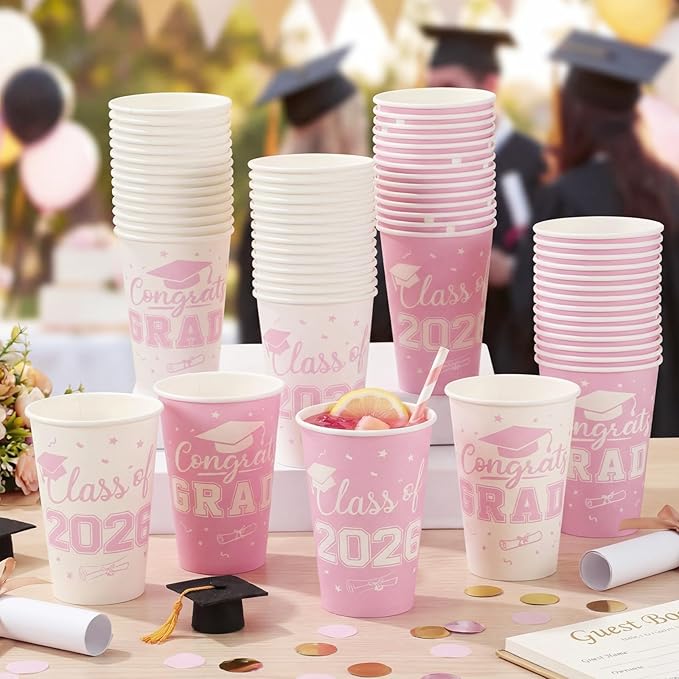LemonRoad 60 Pcs 12 oz Graduation Paper Cups 2026 Pink Graduation Decorations Class of 2026 Grad Cups Congrats Grad Party Disposable Tablewares for School Party Supplies Home