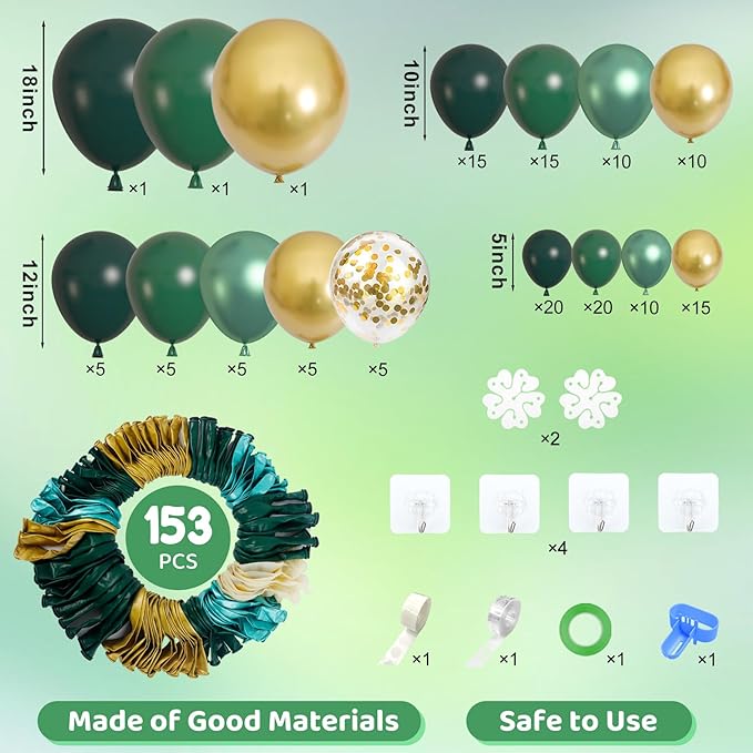 Amandir 153pcs Green and Gold Balloon Garland Arch Kit, Different Sizes 18 12 10 5 inch Green Latex Metallic Confetti Balloons Graduation Birthday Anniversary Safari Party Decoration Supplies