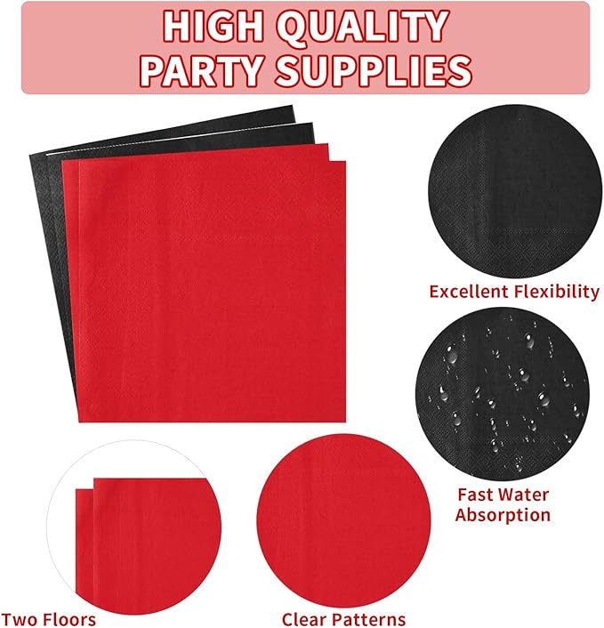 200Pcs Red and Black Party Supplies Graduation Black and Red Paper Plates and Napkins Disposable Stranger Tableware Set for Congrats Grad Holiday Red Black Wedding Birthday Party Decorations Serves 50