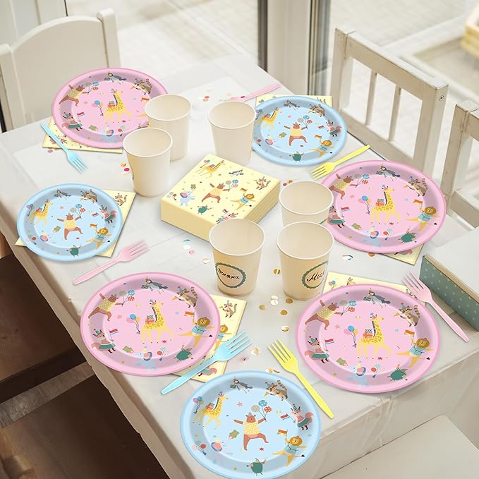 96Pcs Animal Party Supplies Pastel Animal Paper Plates and Napkins Jungle Safari Theme Tableware Decorations Set for Kids Girls Birthday Baby Shower Celebration Party Favor Serves 24
