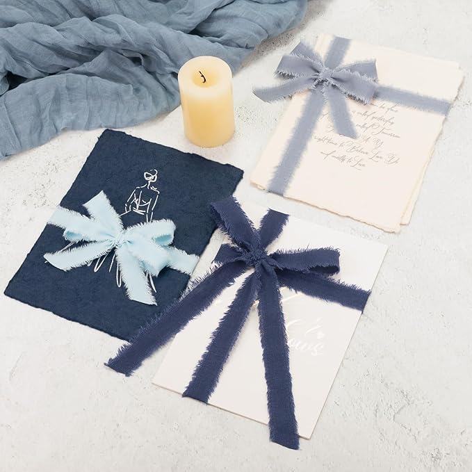 Dark Blue Cotton Ribbon 5/8 Inch Navy Blue, Dusty Blue & Baby Blue 3 Rolls 21 Yards Frayed Edge Fabric Set for Formal Wedding Decor, Graduation Party, Father's Day, Gift Wrapping & DIY Crafts