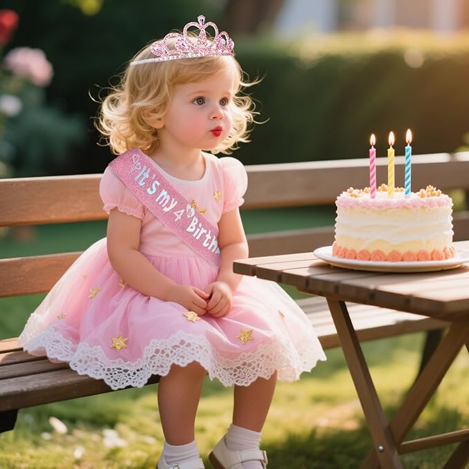4th Birthday Crown & Sash Pink Birthday Decorations