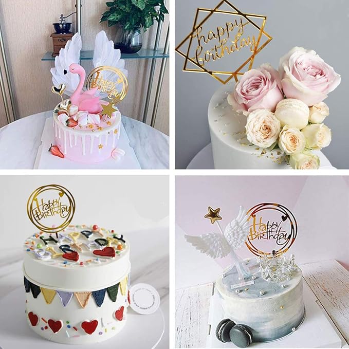 12Pcs Acrylic Cake Topper, BetterJonny Double-Sided Glitter Happy Birthday Gold Cake Topper Set, Birthday Decoration for Children and Adults