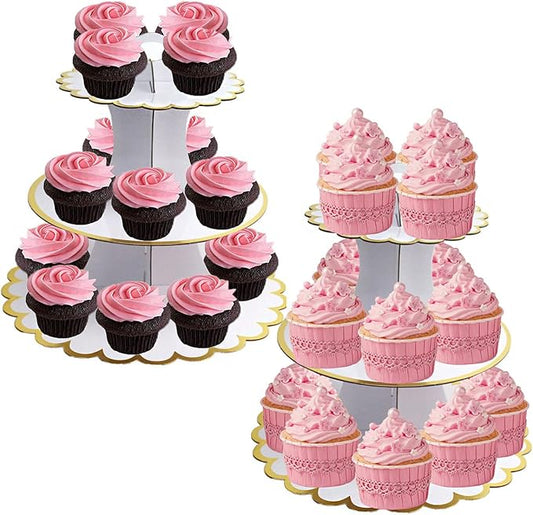 2 Pack Cardboard Cupcake Stand, 3 Tier Paper Cupcake Tower, Round Cake Display Rack Dessert Stand Pastry Holder for Christmas Wedding Anniversary Birthday Baby Shower Party (#A)