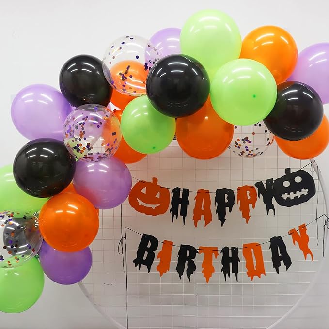 Patimate Halloween Decorations Balloons Set, 50 pcs 12 inch Purple Green Orange Black Confetti Latex Balloons Kit for Halloween Baby Shower Birthday Bachelorette Trick or Treat Party Supplies
