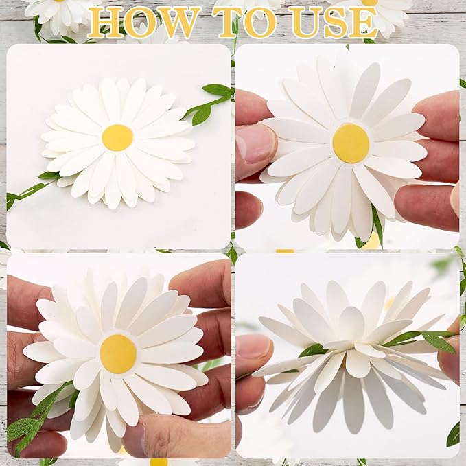 2PCS Daisy Flower Garlands, Daisy Banner Garland White Flower Hanging Garland Banner Groovy Hippie Boho Birthday Decorations for Nursery Wedding Decor