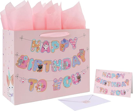 wishinside 13” Large Cat Happy Birthday Gift Bag Set with Handles, Greeting Card, Pink Tissue Papers and Stickers for Girls Kids Teens Women, Kitty-themed Banner Design, 1 Pcs