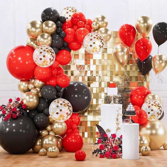 PartyWoo Red Black and Gold Balloon Arch Kit Garland 142pcs Different Sizes of 18 12 10 5 Inch Matte Black Red Metallic Gold Confetti Balloons for New Year's Eve Graduation Birthday Party Decorations