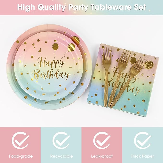 96PCS Happy Birthday Plates and Napkins Party Supplies, Colorful and Gold Disposable Paper Plates and Napkins with Forks Tableware Set for 24 Guests