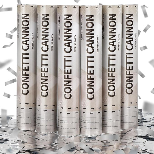 Silver Confetti Poppers Cannon, 6 Pack WERISE Party Mylar Silver Confetti Shooters for Wedding, Birthday, Graduation, New Year and Celebration 12 Inch