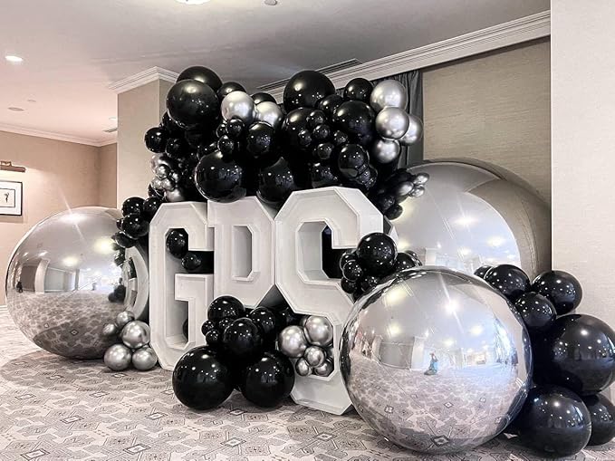 Black and Silver Latex Balloons, 50pcs 12 Inches Silver and Black Balloons with 1 Ribbon for Graduation, Wedding, Birthday Party Decorations