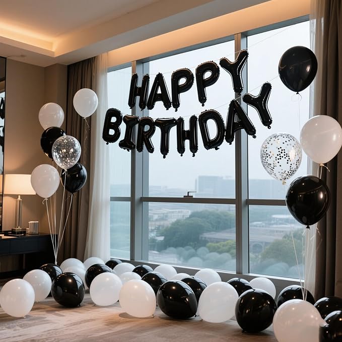 Black Happy Birthday Balloon Banner Set -16 Inch Foil Letters Balloons, Reusable Birthday Decorations and Party Supplies, Suitable for Men and Women's Birthday Decorations，Party Backdrop