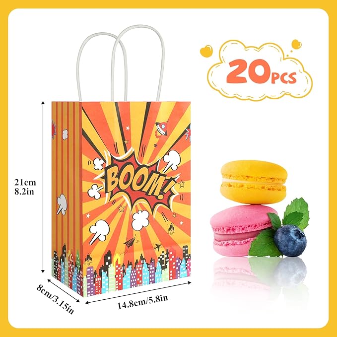 20Pcs Superhero Party Favors Bags with Handles, Comic Hero Kraft Paper Bags for Kids, Goodie Bags Candy Treat Gift Bags for Boom Hero Theme Birthday Baby Shower Party Supplies