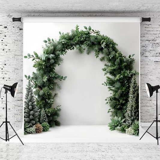 Kate Christmas Arch White Wall Backdrop Dark Green Christmas Trees Background Winter Greenery Archway Photo Background Studio Props,6.5x6.5ft