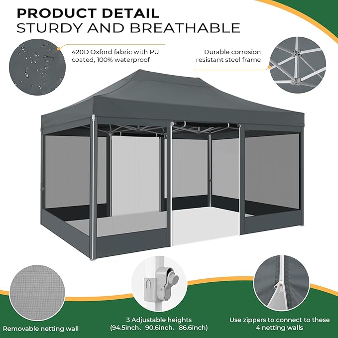 COBIZI 10x15 Heavy Duty Pop Up Canopy with 4 Sidewalls, Easy Set Up Outdoor Commercial Canopy with Mosquito Netting Waterproof Instant Screen Tent for Backyard, Patio, Garden, Gray