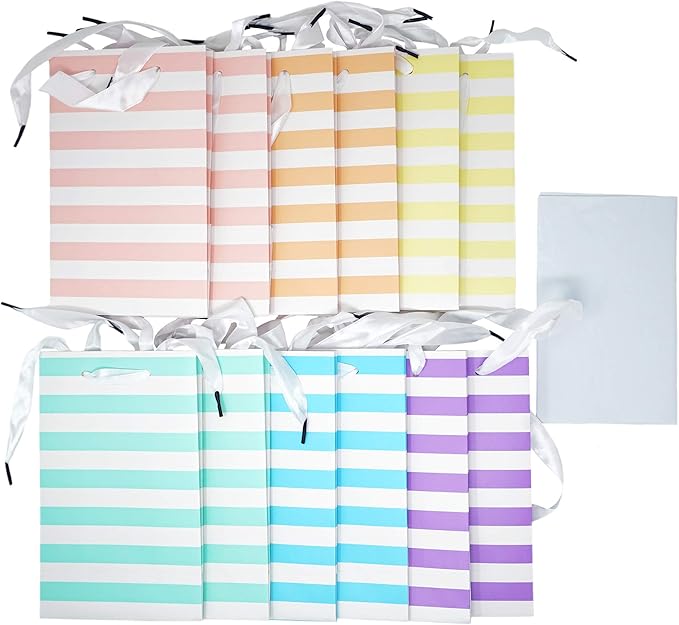 Chloe Elizabeth Paper Favor Gift Bags for All Events & Parties w/Satin Ribbon Handles + Decorative Tissue Paper, 12 Count (Rainbow Pastel Mix)