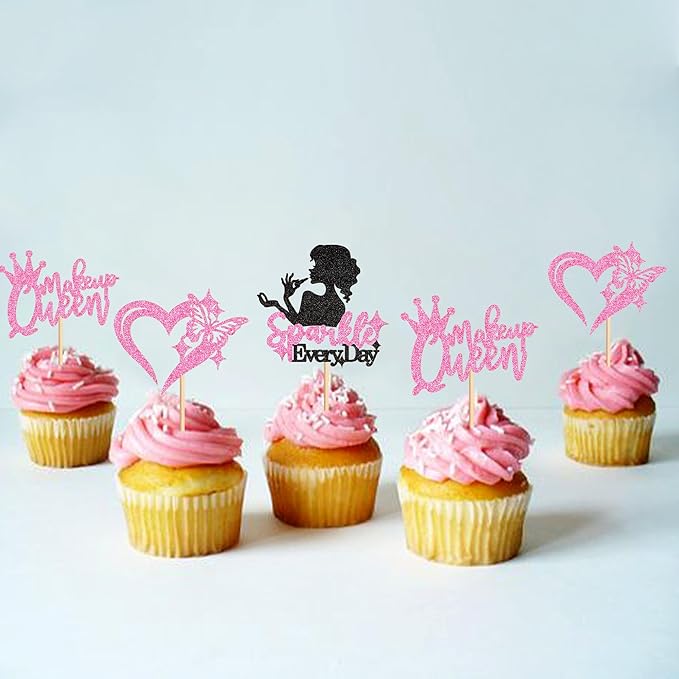 Ercadio 24Pcs Makeup Girl Cupcake Toppers Glitter Pink Makeup Queen Cupcake Picks for Make-up Artist Birthday Cupcake Decorations Fashion Girls Cosmetics Make-up Party Supplies