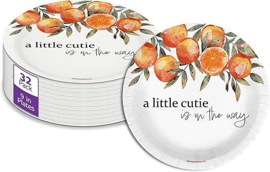 Birthday Galore Our Little Cutie Baby Shower - 32 Piece Disposable Party Supplies - Oranges Baby Shower Decorations - Round Party Plates - Large 9" Paper Plates In Bulk