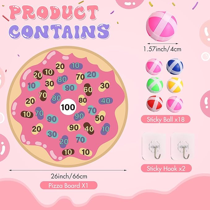 HyDren Donut Party Game 26" Donut Dart Board with 18 Sticky Balls Toys Birthday Party Favors Decorations Spa for Class Indoor Outdoor Game