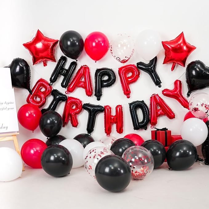 Red and Black Birthday Decorations for Boys,Black Red Star Heart Foil Balloons Black Red Happy Birthday Banner Happy Birthday Decorations for Men Women