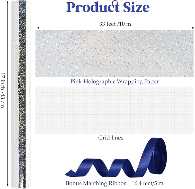 Bafeil Silver Star Wrapping Paper Roll - Metallic Holographic Gift Wrap with Ribbon for Birthday, Mothers Day, Graduation, Wedding, Engagement, Baby Shower, 17 IN x 32.8 FT