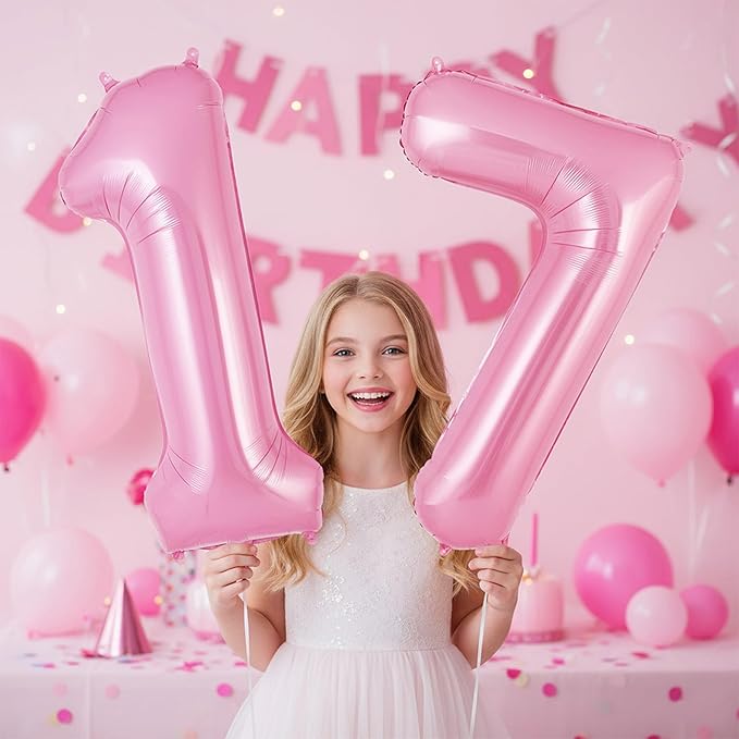 Pink Number 17 Balloons, Big Large Foil Number Balloons, Jumbo Giant Mylar Balloons for Birthday Party Decorations Supplies Anniversary (Number 17)
