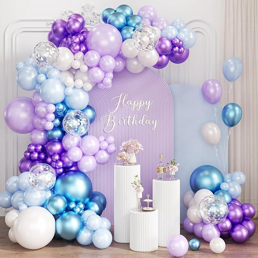 Blue Purple White Balloon Garland Arch Kit, 167Pcs Latex Balloons Different Sizes 18 12 10 5 inch for Girl Princess Winter Wonderland Birthday Baby Shower Party Decorations