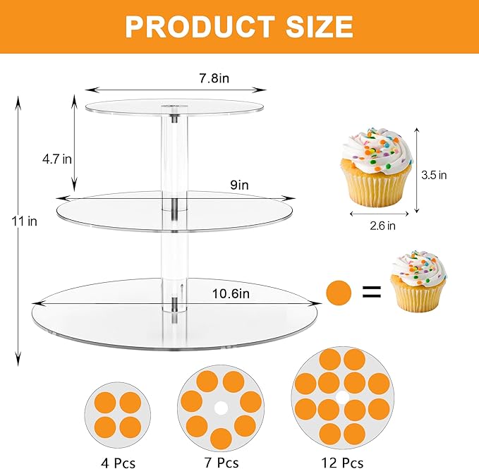 Acrylic Cupcake Stand, Clear Dessert Display Hoder Stand With Base for Wedding, Party, Baby Shower, Get-together, 3 Tier Round, Transparent