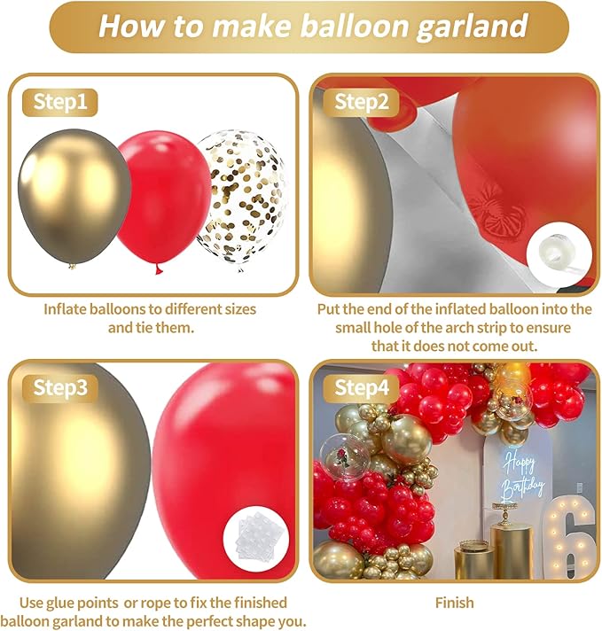 Red and Gold Balloon Garland Kit, 124Pcs Balloons Arch Kit, Bright Durable Latex Balloons for Valentines, Wedding, Bachelorette, Birthday, Baby Shower, Engagements Anniversary Party Decorations