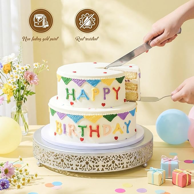 Wenqik 14 Inch Silver Cake Stand Set Metal Round Cupcake Dessert Stand with Cake Cutting, Spatula Wedding Cupcake Pastry Display Candy Holder Display for Wedding Party Birthday Baby Shower(Classic)