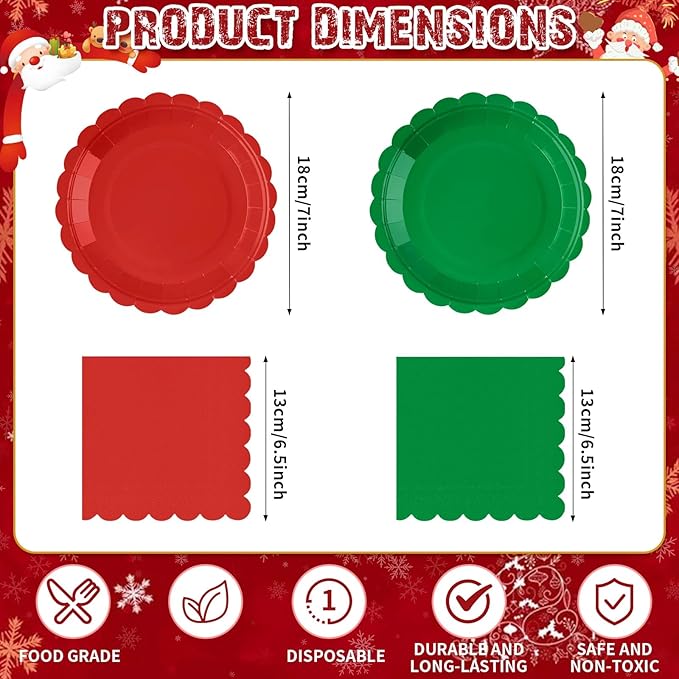 120 Pcs Christmas Paper Plates and Napkins Party Supplies Bulk Disposable 7 Inch Scalloped Plates Cocktail Napkins for Xmas Holiday Wedding Birthday Decoration, Serve 60 Guests(Red and Green)