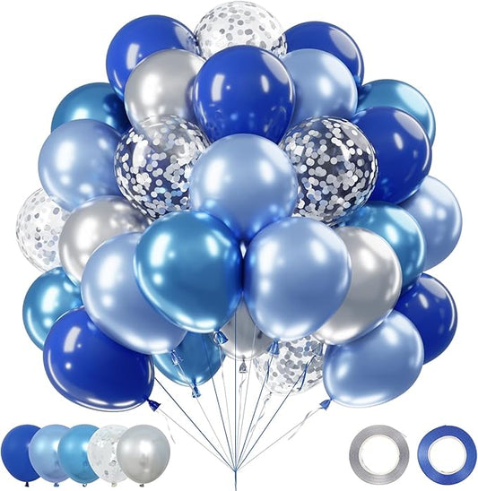 Netnology Blue Silver Balloons Set,60Pcs 12 Inch Navy Royal Blue Balloons Light Blue Silver Metallic Confetti Balloon for Birthday Baby Shower Bridal Shower Wedding Graduation Party Decorations