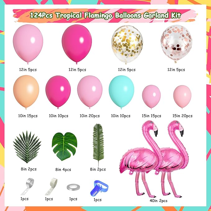 124Pcs Tropical Flamingo Balloon Arch Garland Kit 40" Flamingo Balloons Hot Pink Confetti Balloons Tropical Palm Leaves 4 Tools Hawaiian Luau Birthday Wedding Baby Shower Party Decorations Supplies